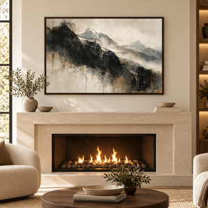 Charcoal Mountain Mist Abstract Wall Art styled in a living space