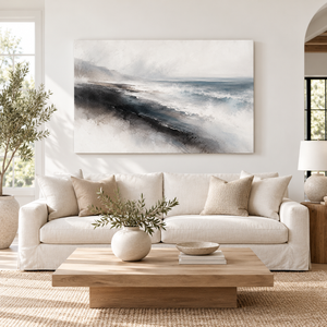 Charcoal Shoreline Seascape Art Print styled in a living space