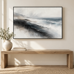 Charcoal Shoreline Seascape Art Print styled in a living space