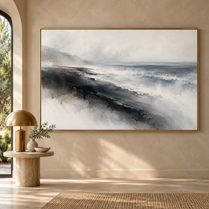 Charcoal Shoreline Seascape Art Print styled in a living space