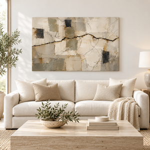 Cracked Plaster Neutral Abstract Wall Art styled in a living space