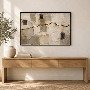 Cracked Plaster Neutral Abstract Wall Art styled in a living space