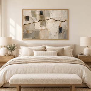 Cracked Plaster Neutral Abstract Wall Art styled in a living space