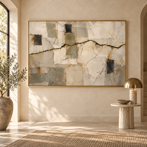 Cracked Plaster Neutral Abstract Wall Art styled in a living space