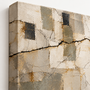 Close up of Cracked Plaster Neutral Abstract Wall Art canvas texture and frame edge