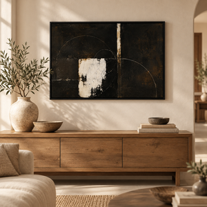 Dark Geometric Abstract Wall Art in a styled room