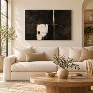 Dark Geometric Abstract Wall Art in a styled room