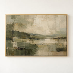 Deep Sage Lake Abstract Landscape Wall Art in a floating frame