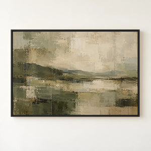 Deep Sage Lake Abstract Landscape Wall Art in a floating frame