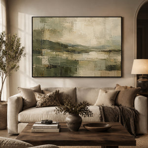 Deep Sage Lake Abstract Landscape Wall Art styled in a living space