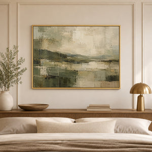 Deep Sage Lake Abstract Landscape Wall Art styled in a living space