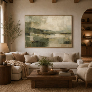 Deep Sage Lake Abstract Landscape Wall Art styled in a living space
