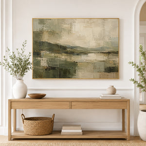 Deep Sage Lake Abstract Landscape Wall Art styled in a living space