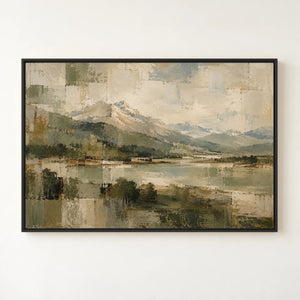 Earthy Mountain Valley Abstract Landscape Art Print in a floating frame
