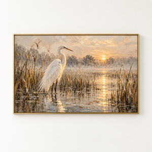 Egret Marsh Sunrise Art Print in a floating frame