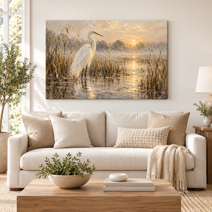 Egret Marsh Sunrise Art Print styled in a living space