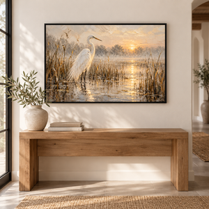 Egret Marsh Sunrise Art Print styled in a living space