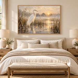 Egret Marsh Sunrise Art Print styled in a living space
