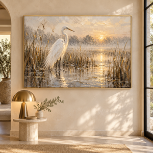 Egret Marsh Sunrise Art Print styled in a living space