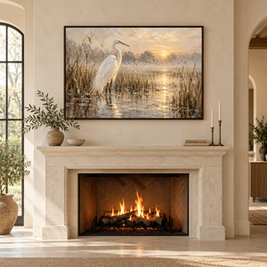 Egret Marsh Sunrise Art Print styled in a living space