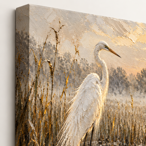 Close up of Egret Marsh Sunrise Art Print canvas texture and frame edge