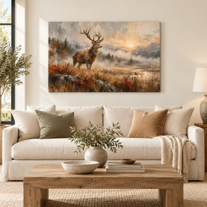 Elk in Misty Meadow Wall Art styled in a living space