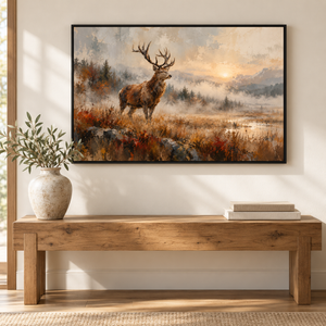 Elk in Misty Meadow Wall Art styled in a living space