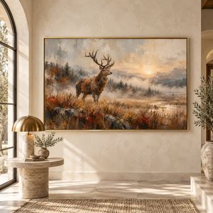 Elk in Misty Meadow Wall Art styled in a living space