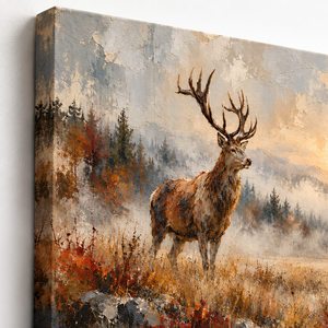 Close up of Elk in Misty Meadow Wall Art canvas texture and frame edge