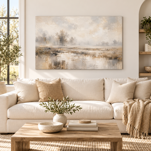 Foggy Wetland Landscape Art Print in a styled room