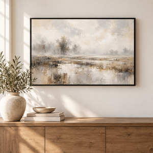 Foggy Wetland Landscape Art Print in a styled room