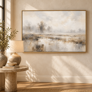 Foggy Wetland Landscape Art Print in a styled room