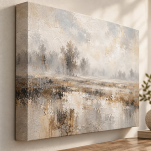 Foggy Wetland Landscape Art Print in a styled room