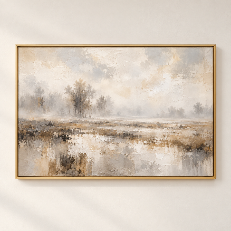 Foggy Wetland Landscape Art Print in a styled room