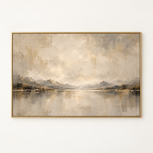 Gold Leaf Mountain Lake Abstract Wall Art in a floating frame