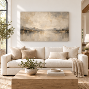Gold Leaf Mountain Lake Abstract Wall Art styled in a living space