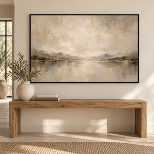 Gold Leaf Mountain Lake Abstract Wall Art styled in a living space
