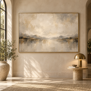 Gold Leaf Mountain Lake Abstract Wall Art styled in a living space