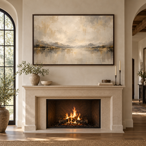 Gold Leaf Mountain Lake Abstract Wall Art styled in a living space