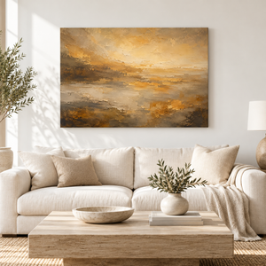 Golden Haze Abstract Landscape Wall Art in a styled room