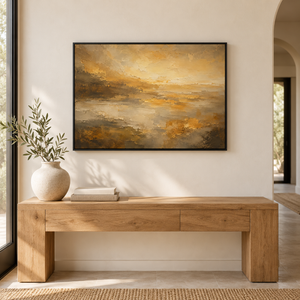 Golden Haze Abstract Landscape Wall Art in a styled room