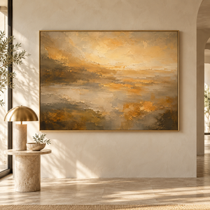 Golden Haze Abstract Landscape Wall Art in a styled room