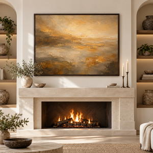 Golden Haze Abstract Landscape Wall Art in a styled room