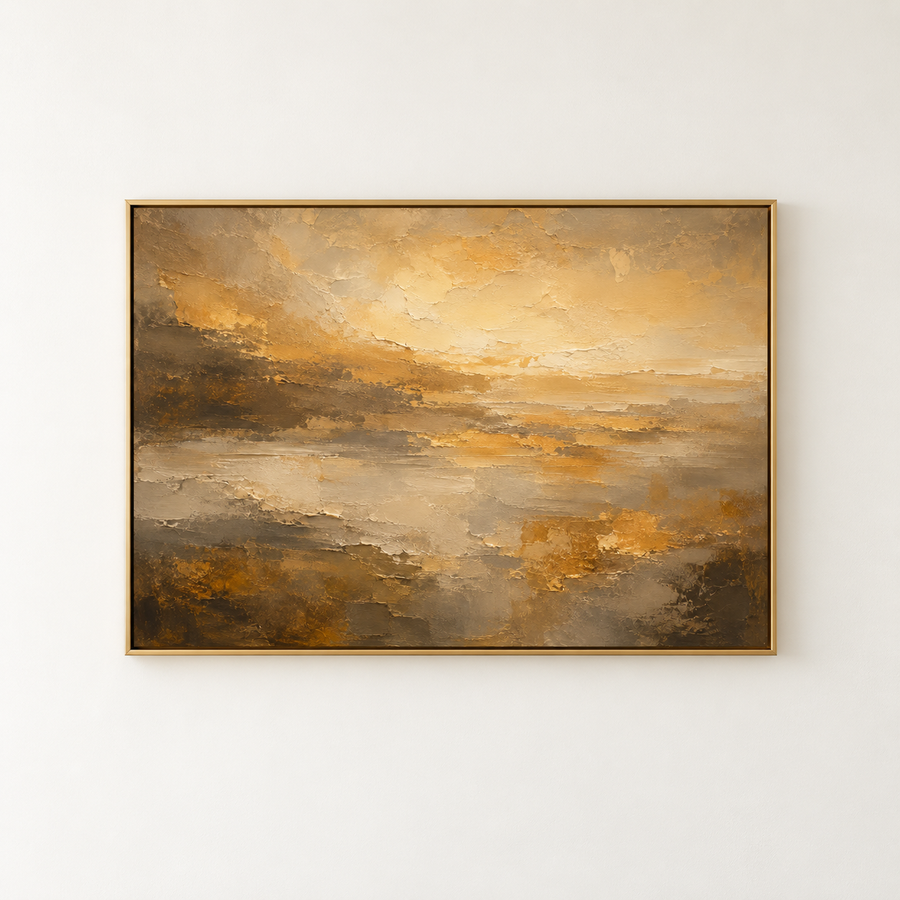 Golden Haze Abstract Landscape Wall Art in a styled room