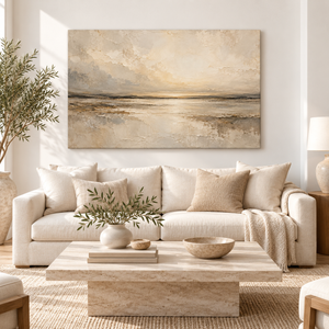 Golden Shoreline Landscape Art Print styled in a living space