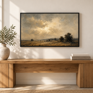 Golden Sky Open Prairie Landscape Art Print styled in a living space