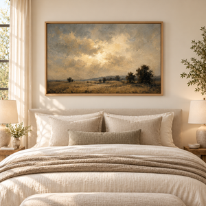 Golden Sky Open Prairie Landscape Art Print styled in a living space