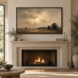 Golden Sky Open Prairie Landscape Art Print styled in a living space
