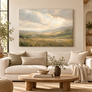 Golden Valley Meadow Landscape Art Print in a styled room