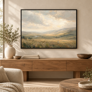 Golden Valley Meadow Landscape Art Print in a styled room